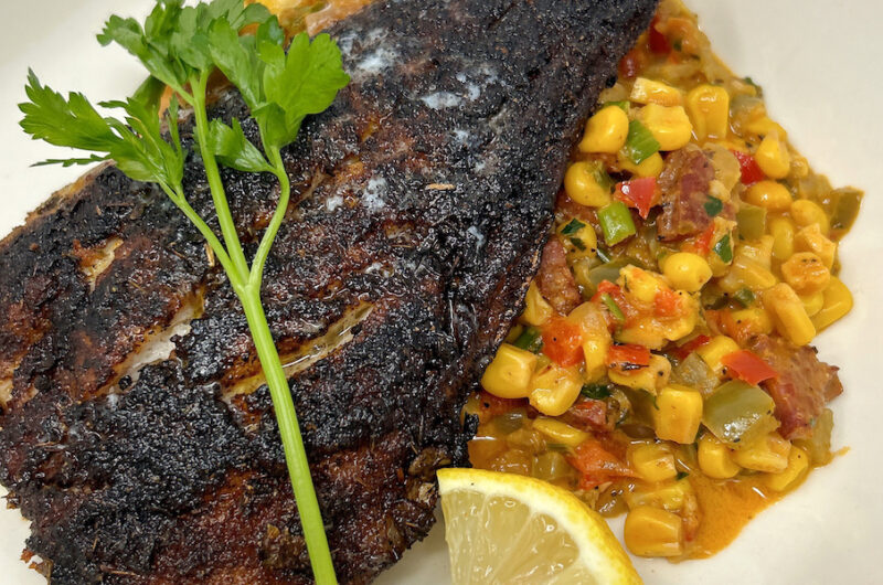 Blackened Speckled Trout with Andouille Sausage Maque Choux 