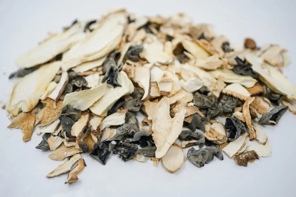 A variety of dried wild mushrooms, including porcini, chanterelles, and morels, displayed with rich textures and earthy colors, ready to be rehydrated and used in gourmet cooking.