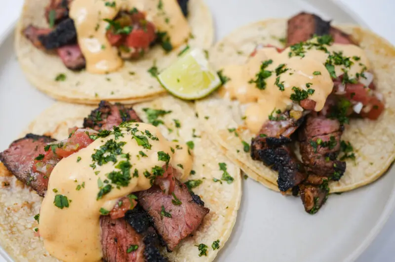 Coffee-Ancho Sirloin Steak Tacos with Pepper Jack Sauce