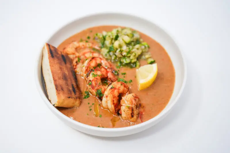 Grilled Royal Red Shrimp with Heirloom Tomato Gazpacho and Grilled Zucchini Salsa