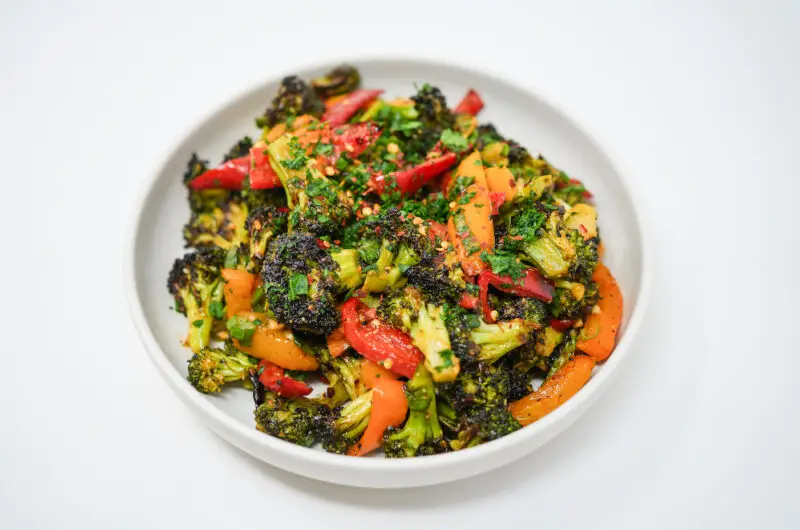 Spicy Peanut Roasted Broccoli and Bell Peppers