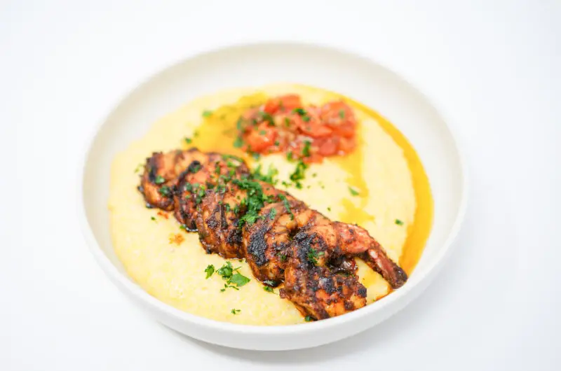 Spicy Grilled Shrimp and Grits with Cherry Tomato Confit