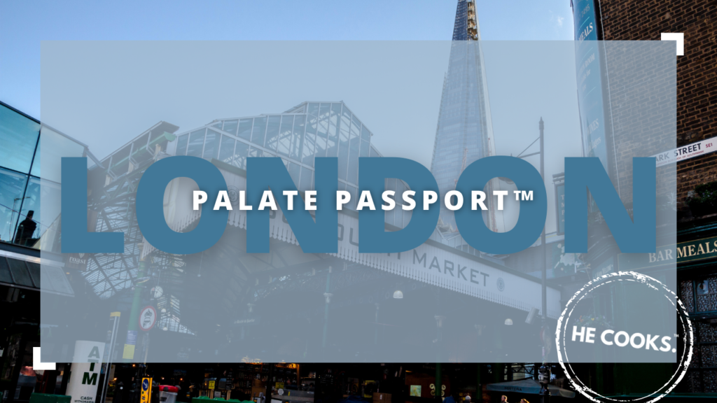 Thumbnail image of the Palate Passport: London episode, showcasing a vibrant London street market with diverse food stalls