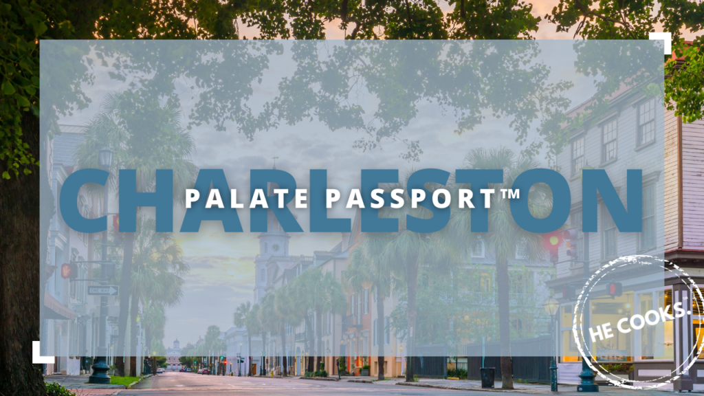 Thumbnail image of the Palate Passport: Charleston episode, featuring a charming Charleston street with historic architecture, Southern cuisine, and scenes from local food markets and waterfront views.