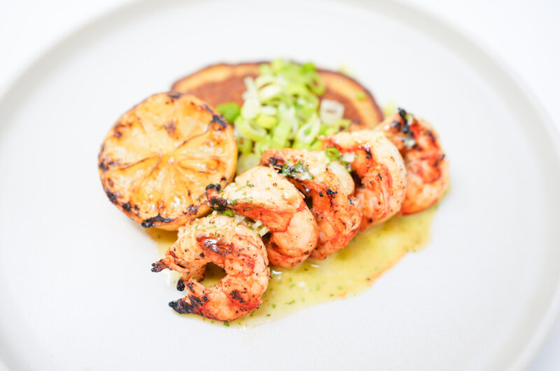 Citrus Grilled Shrimp with Cornmeal Pancakes and Cilantro-Lime Aioil